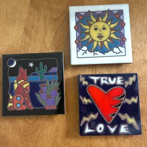 3 Vintage Ceramic Tiles ~ Sun, Heart and Howling Wolf ~Masterworks Trivet 4" USA